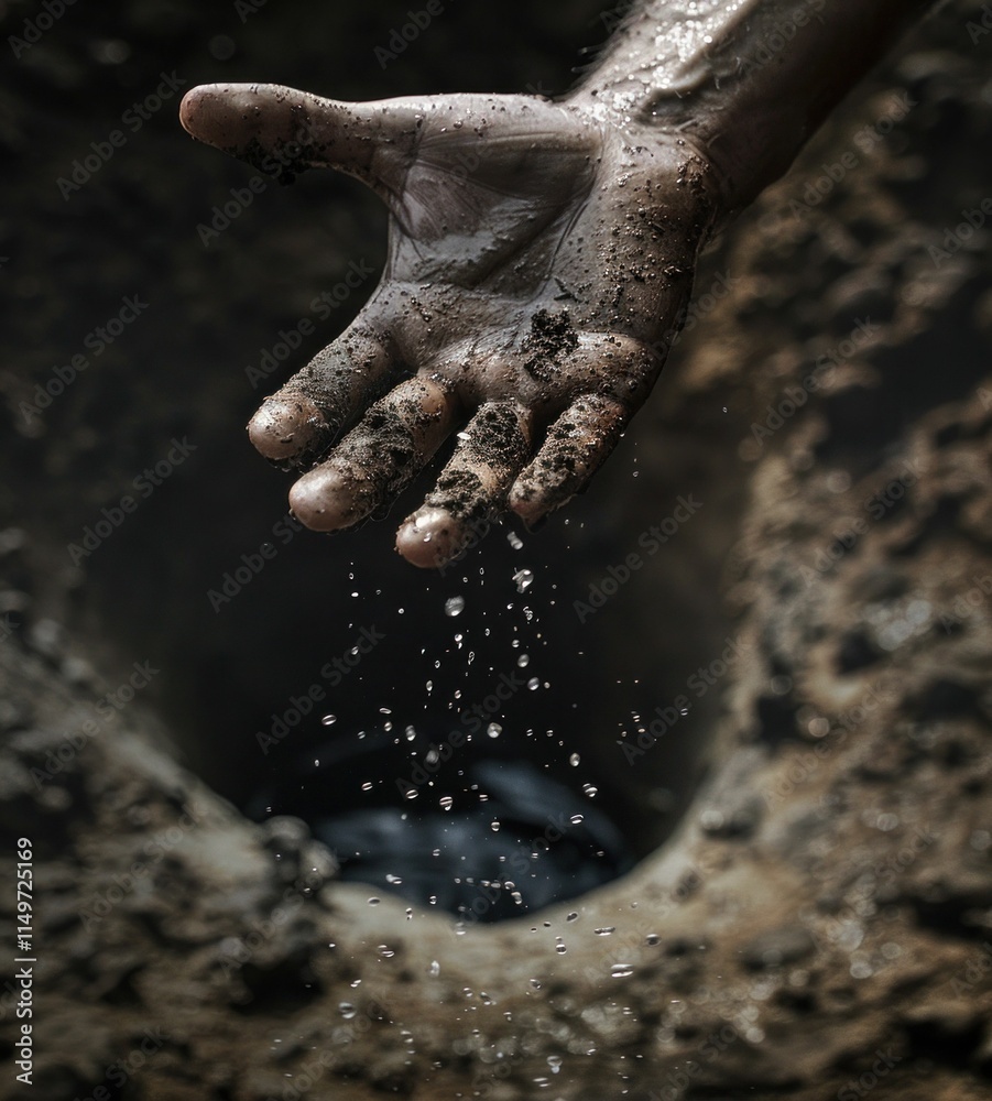 Soil, water droplets, hand, nature, earth, agriculture, gardening, growth, environment, sustainability A hand covered in soil gently releasing water droplets against a blurred earthy background