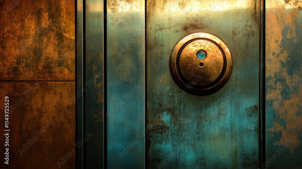 Obraz premium Close-up of a weathered metallic door with a circular peephole.