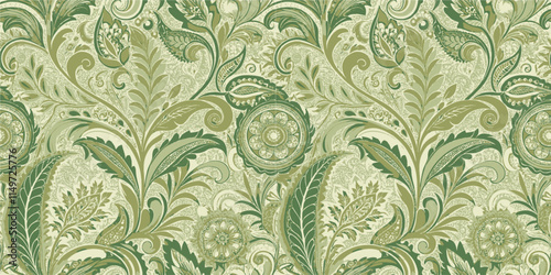 Elegant green floral pattern with intricate designs and textures.