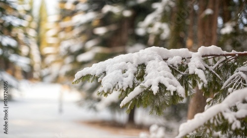 Closeup of snow covered evergreen branch in forest