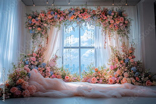 Elegant floral window display, perfect for a wedding or spring photoshoot.