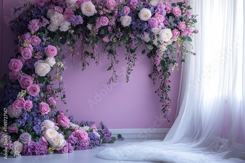 A beautiful floral archway decorates a soft purple room.