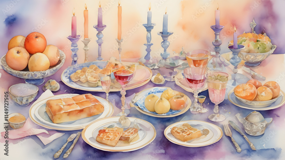 Naklejka premium Festive watercolor table setting with delicious foods and drinks for a celebration