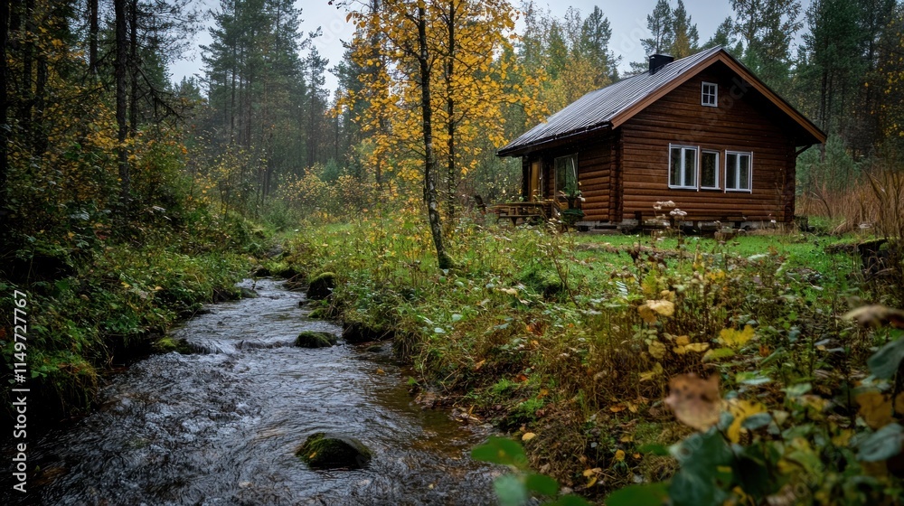Wooden cabin by a stream in autumn forest. Wooden cabin by a stream in autumn forest.