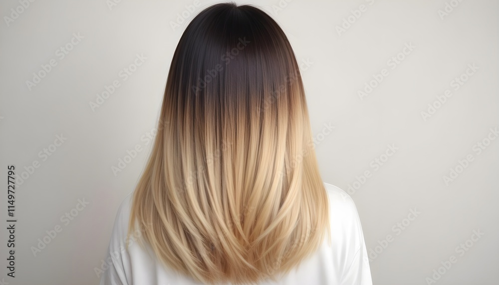 Long, wavy hair with an ombre effect transitioning from dark brown at the roots to a light blonde at the tips, viewed from the back. The background is a plain light color Long, wavy hair with an ombre effect transitioning from dark brown at the roots to a light blonde at the tips, viewed from the back. The background is a plain light color