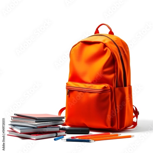 Stack of books on stool chair with blue schoolbag on floor photo