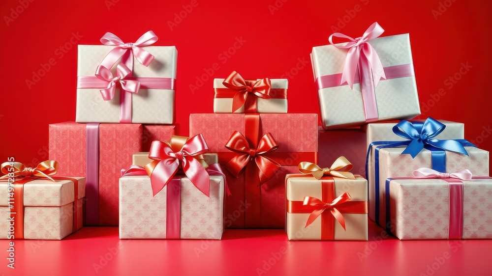 A collection of festively wrapped presents with vibrant ribbons, arranged in a pyramid-like stack against a bold red background. A collection of festively wrapped presents with vibrant ribbons, arranged in a pyramid-like stack against a bold red background.