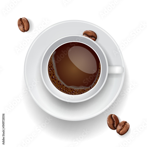 Coffee Cup Vector. Top View. Hot Americano Coffee. Espresso Fast Food Cup Beverage. Bubbles. White Mug. Eps 10.realistic