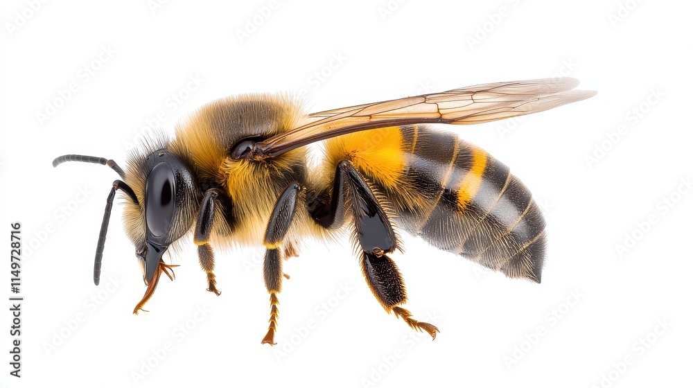 Detailed Close-up of a Honeybee Isolated on White Background. Detailed Close-up of a Honeybee Isolated on White Background.