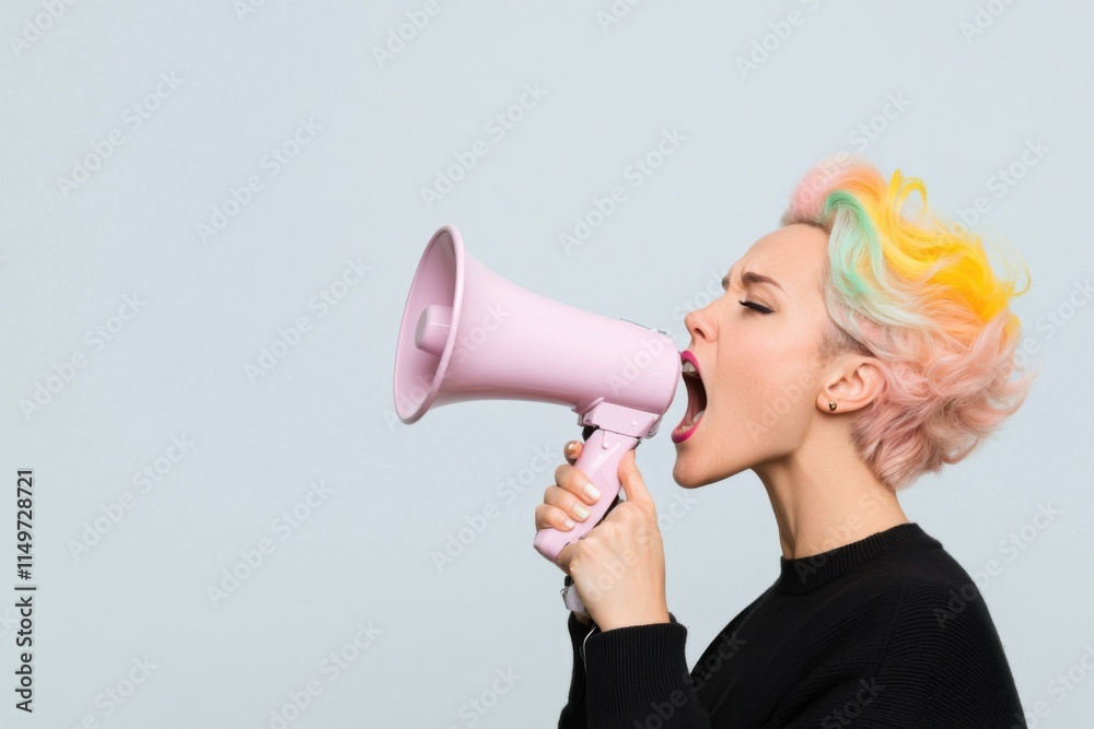 Young woman shouting through pink megaphone on light background Young woman shouting through pink megaphone on light background