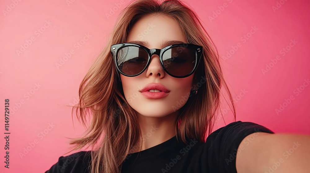A stylish brunette model with sunglasses and red lips smiles confidently, showcasing summer fashion A stylish brunette model with sunglasses and red lips smiles confidently, showcasing summer fashion