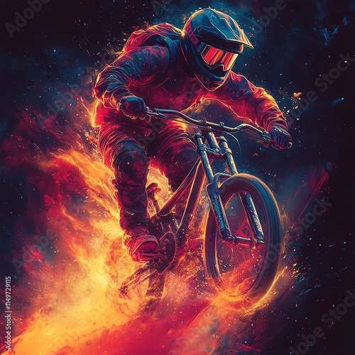 A dynamic mountain biker performs a daring stunt, surrounded by vibrant flames, showcasing adrenaline and adventure. photo