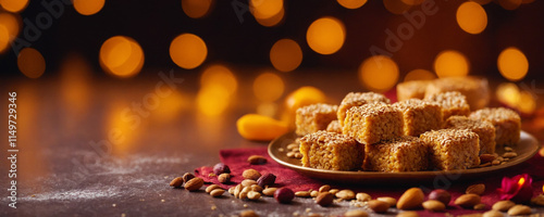 Indian sweets with rice, sugar, ghee and nuts with lights on background. Festival food or snack for Lohri, Makar Sankranti, Pongal, Diwali, harvest festival, Punjab, Tamil Nadu. Tirunelveli, Halwa. photo