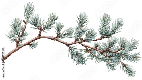 Cedar tree branch botanical art with soft blue-green needles, a vintage-style decoration perfect for seasonal decor enthusiasts