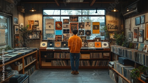 Person browsing vinyl records in a shop.
