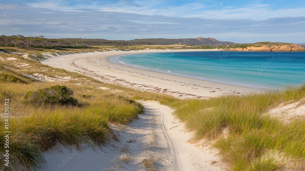 Scenic coastal view of a secluded, curved white sand beach with turquoise water, dunes, and vegetation. Scenic coastal view of a secluded, curved white sand beach with turquoise water, dunes, and vegetation.