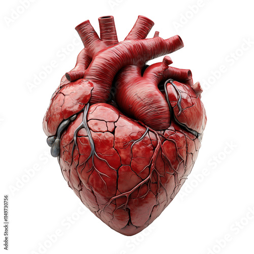 Realistic anatomical human heart showing arteries and veins. Isolated on white and transparent background