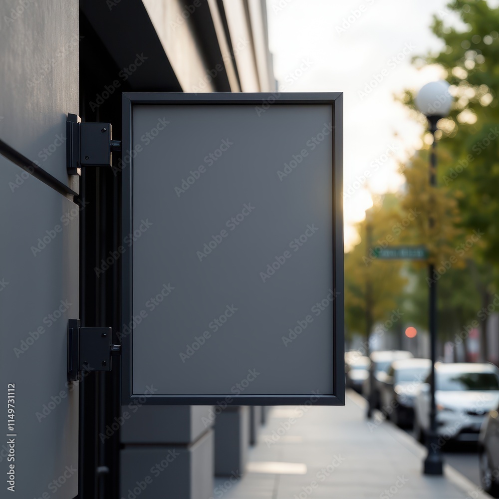 A photorealistic image of a modern sinage board made of matte black metal, mounted on a sleek building, illuminated by soft daylight with a blurred urban background