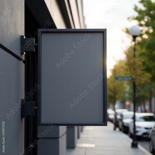 Obraz na płótnie A photorealistic image of a modern sinage board made of matte black metal, mounted on a sleek building, illuminated by soft daylight with a blurred urban background w salonie