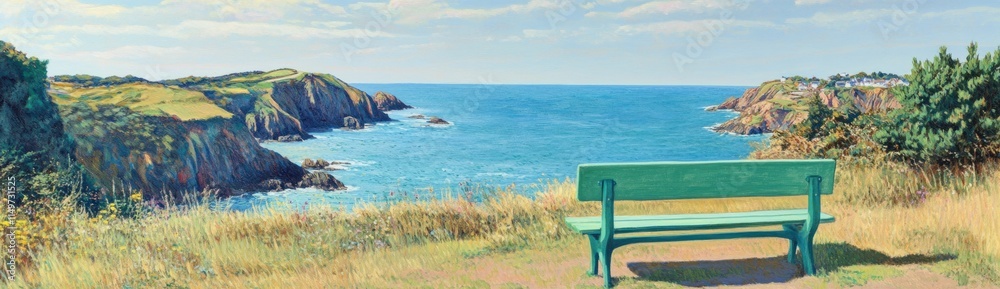 Scenic coastal view with a bench overlooking the ocean and cliffs. Scenic coastal view with a bench overlooking the ocean and cliffs.