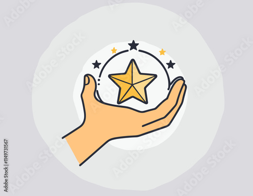 Grade quality, get reward, excellent result outline icon. Line sign human hand holding-hugging shining star symbol. Vector isolated pictograms for web on white background editable stroke.