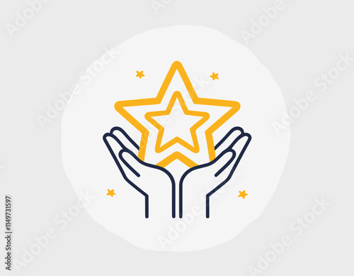 Grade quality, get reward, excellent result outline icon. Line sign human hand holding-hugging shining star symbol. Vector isolated pictograms for web on white background editable stroke.