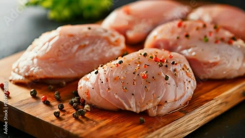 Fresh chicken breasts seasoned with spices on a wooden cutting board.