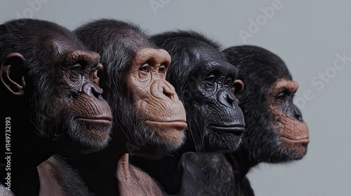 A comparative lineup of primates and humans with distinct, expressive features.