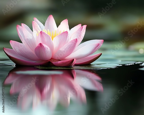 A serene pink lotus water plant blooming in the morning light, surrounded by soft reflections on the water s surface photo