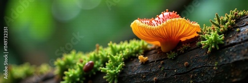 Balanophora fungosa fruiting body on decaying log in the rainforest, natural decay, fungi, fungal growths photo