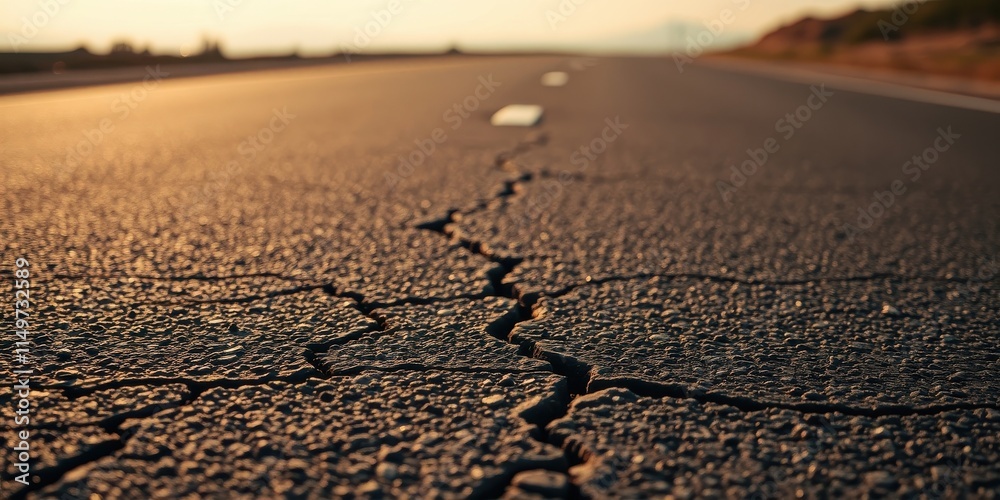 Obraz premium A Close-Up View of Cracked Asphalt on a Rural Road at Sunset