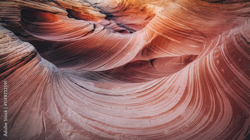 Obraz premium Mesmerizing Geological Formation with Wave-Like Patterns in Vibrant Red, Orange, and Beige Shades, Intricately Layered to Reflect Sediment Deposition Over Millennia, Set in an Arid Canyon-Like 