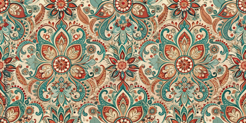 Intricate floral pattern with vibrant turquoise and warm coral tones.
