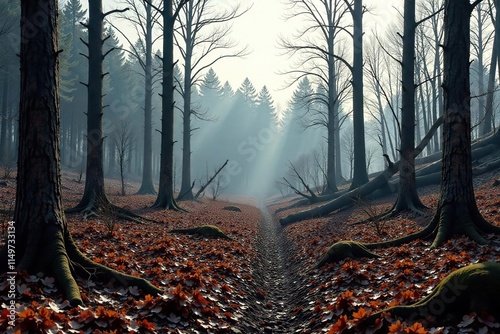 Barren forest with fallen trees and dry underbrush, woodland decline, bare branches, barren forest photo