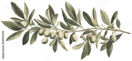 Antique botanical illustration of an olive tree branch adorned with soft green olives and delicate leaves, accompanied by vintage fruit decor, all in soothing natural tones 