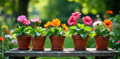 Wallpaper Mural Beautiful flowers in pots on a rustic wooden bench in the garden, flower pots, outdoor furniture Torontodigital.ca