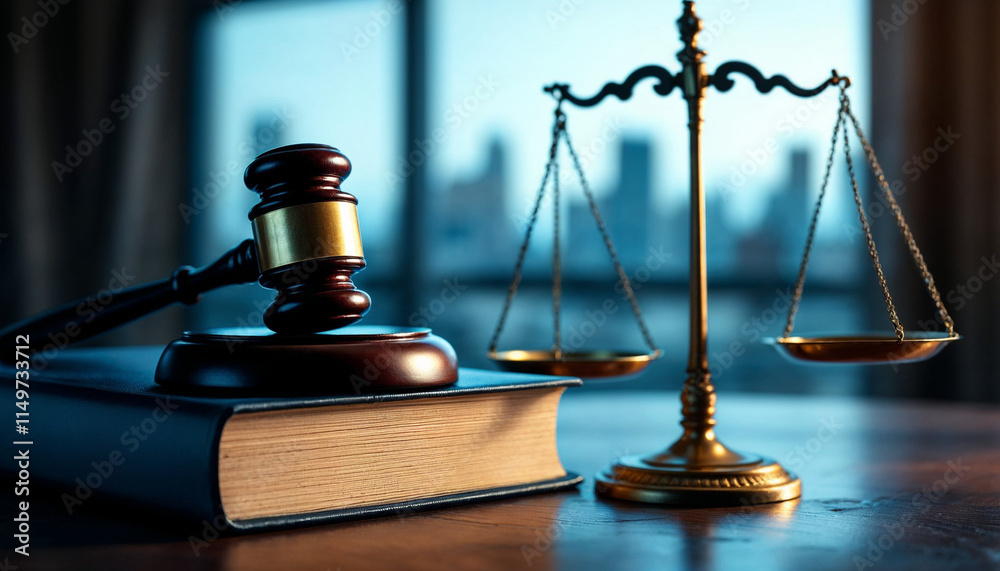 Law gavel and scales of justice placed on an open legal book in a modern office setting with city view
