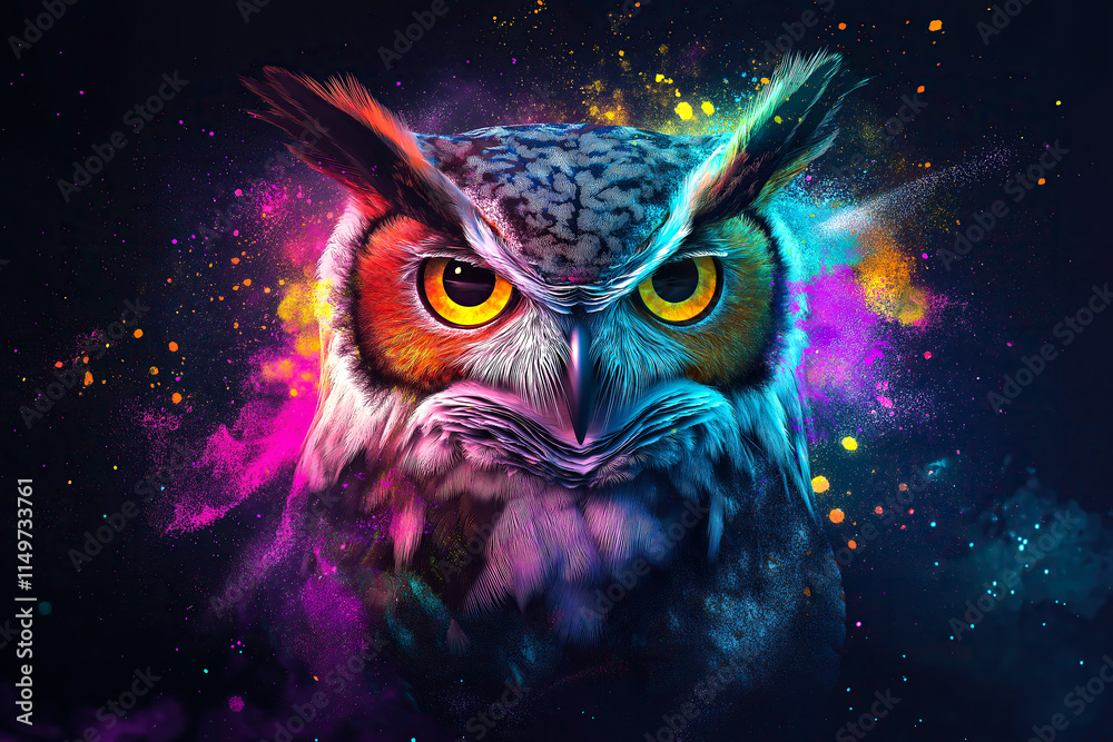 Obraz premium A vibrant watercolor painting of a colorful owl with expressive eyes. The concept of creativity, wisdom, and the beauty of nature interpreted through artistic expression. Generative AI.