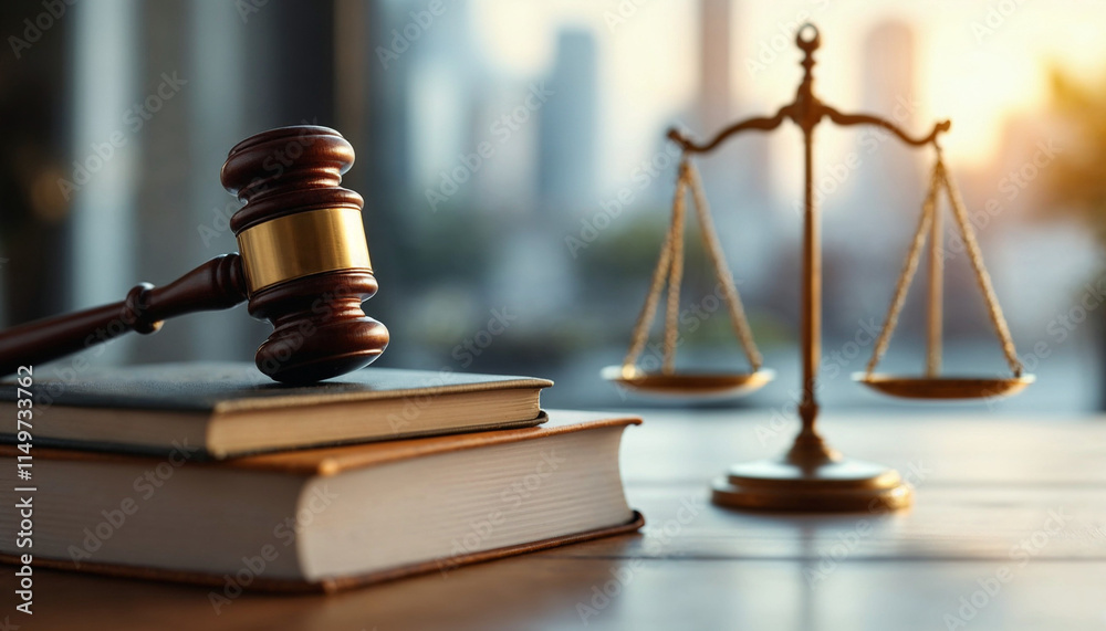 Gavel and scales of justice on a desk with a city skyline at sunset highlighting legal themes and decision making Gavel and scales of justice on a desk with a city skyline at sunset highlighting legal themes and decision making