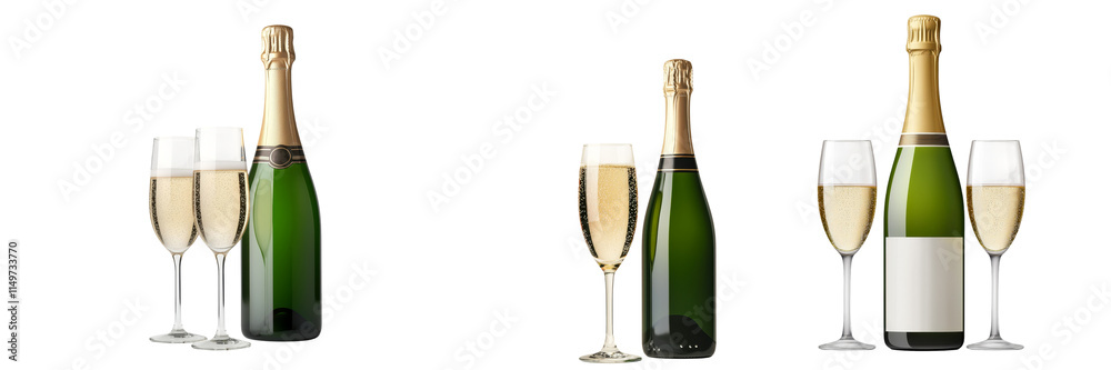 Champagne bottles with flutes, showcasing sparkling wine ready for celebration.
