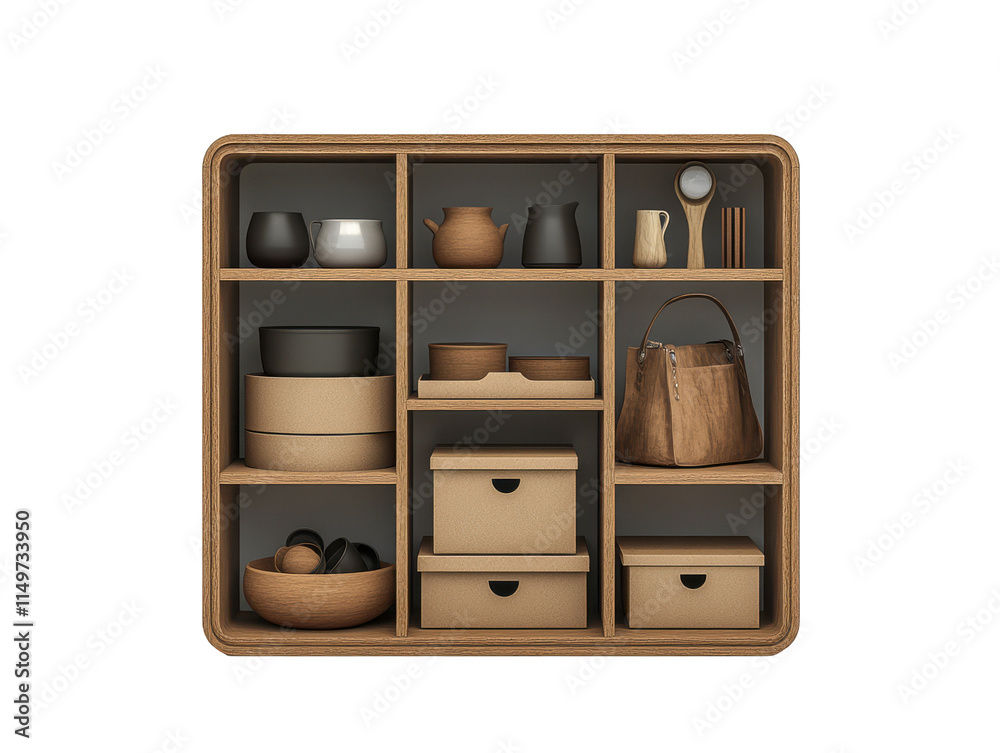 Wooden shelf with organized pottery kitchenware storage boxes and a handbag showcased in cubby compartments Isolated on white background or PNG Wooden shelf with organized pottery kitchenware storage boxes and a handbag showcased in cubby compartments Isolated on white background or PNG