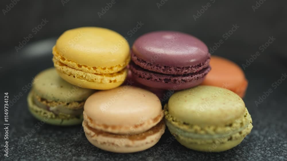 Colorful macarons on a black granite background with a smooth panning rotation. French sandwich cookie Colorful macarons on a black granite background with a smooth panning rotation. French sandwich cookie
