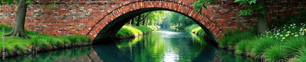 Behind the sturdy brick wall, a tranquil river flows with crystal clear waters and lush greenery surrounding it, serene surroundings, brick Behind the sturdy brick wall, a tranquil river flows with crystal clear waters and lush greenery surrounding it, serene surroundings, brick