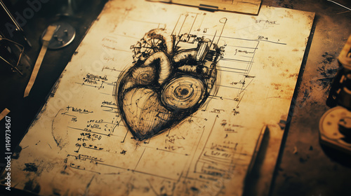 A realistic sketch of a heart and machinery, on yellowed and old paper, cyberpank, game diesign photo