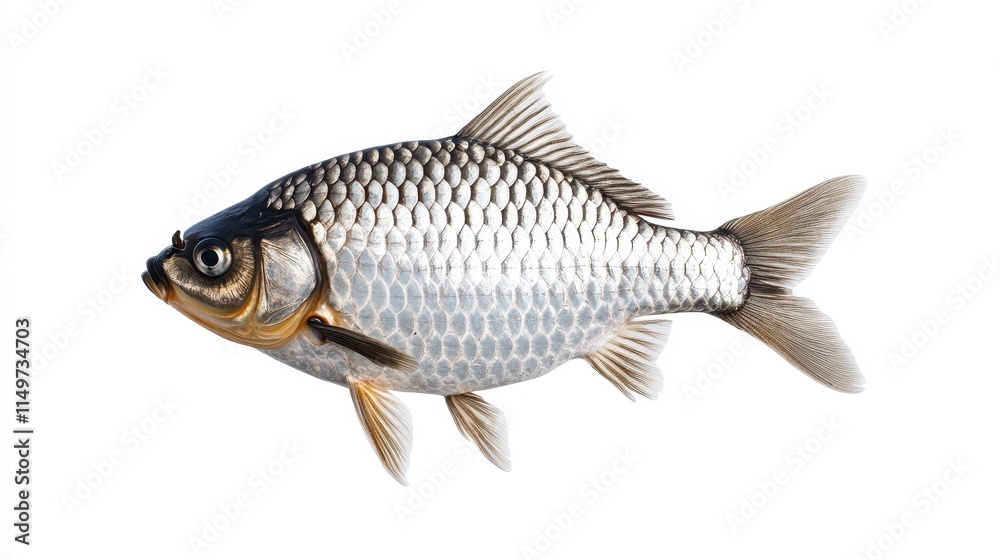Close-up of a single freshwater fish isolated on white background.