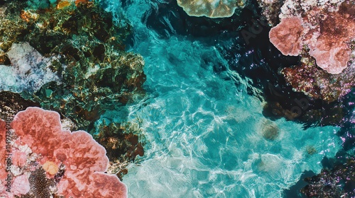 An underwater view of colorful coral reefs and marine life.