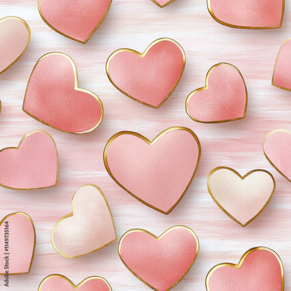 Obraz premium Beautiful hearts in various shades of pink with golden edges create charming pattern, perfect for romantic themes