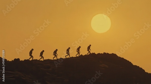 Silhouettes of early humans walking across a rocky landscape at sunrise