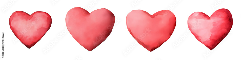 Four red hearts arranged in a line, showcasing varying sizes and shades of red, symbolizing love and affection. Four red hearts arranged in a line, showcasing varying sizes and shades of red, symbolizing love and affection.