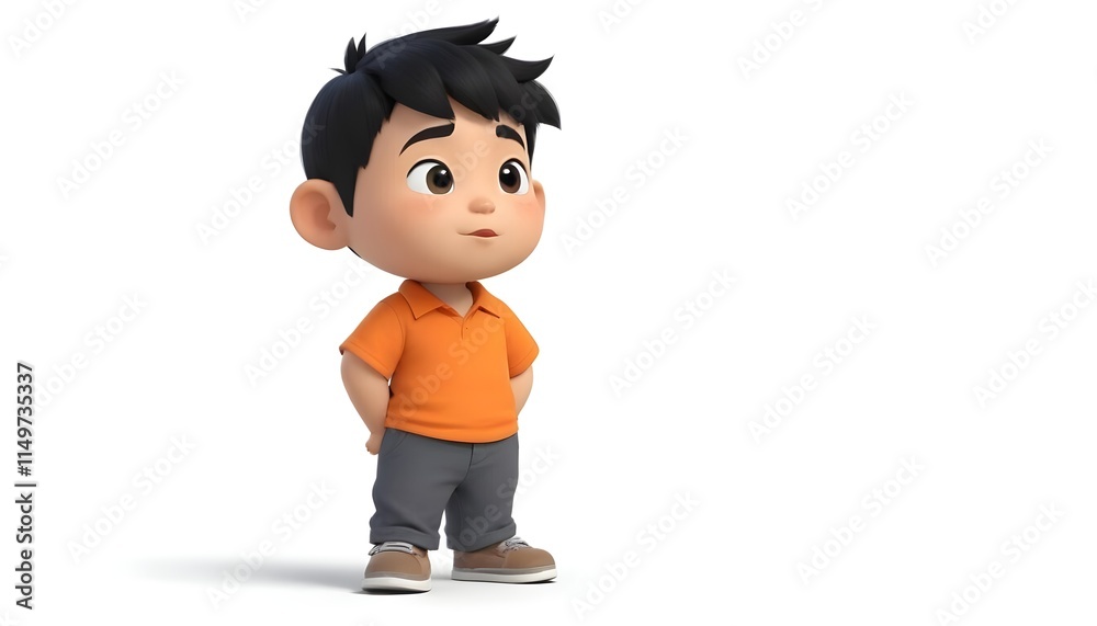 A young Asian boy with short black hair wearing an orange shirt and gray pants A young Asian boy with short black hair wearing an orange shirt and gray pants